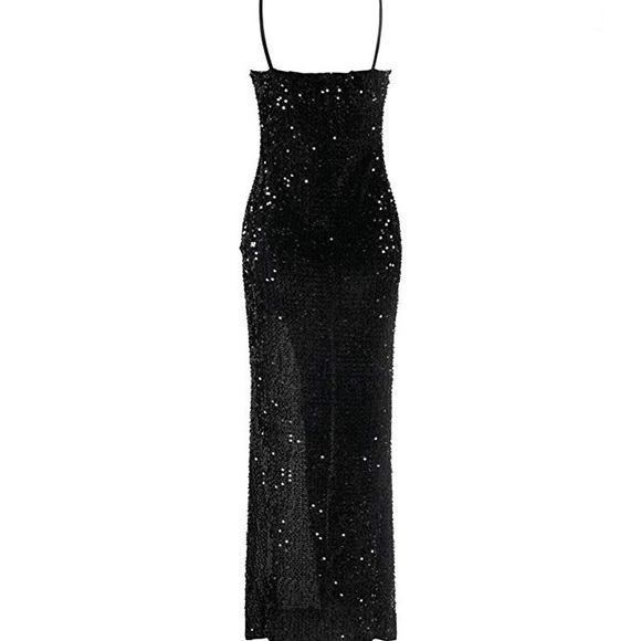 Black Sequin Gown With Slit - Picture 3 of 6